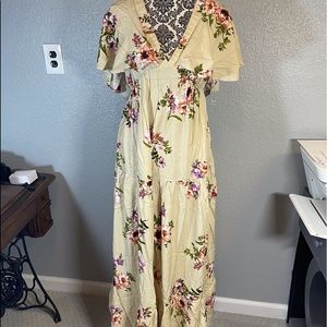 Floral Flutter Sleeve V Neck Long Tier Maxi Dress
